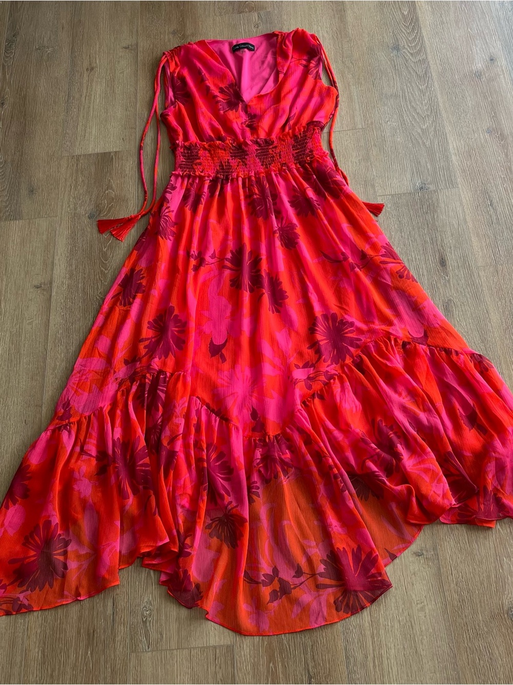 Zarr Collection Vibrant Red Floral Maxi Dress with Smocked Waist